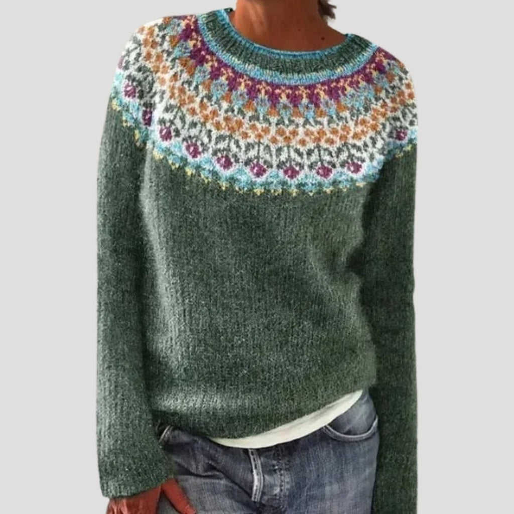 Women's Patterned Crew Neck Jumper with Colourful Yoke