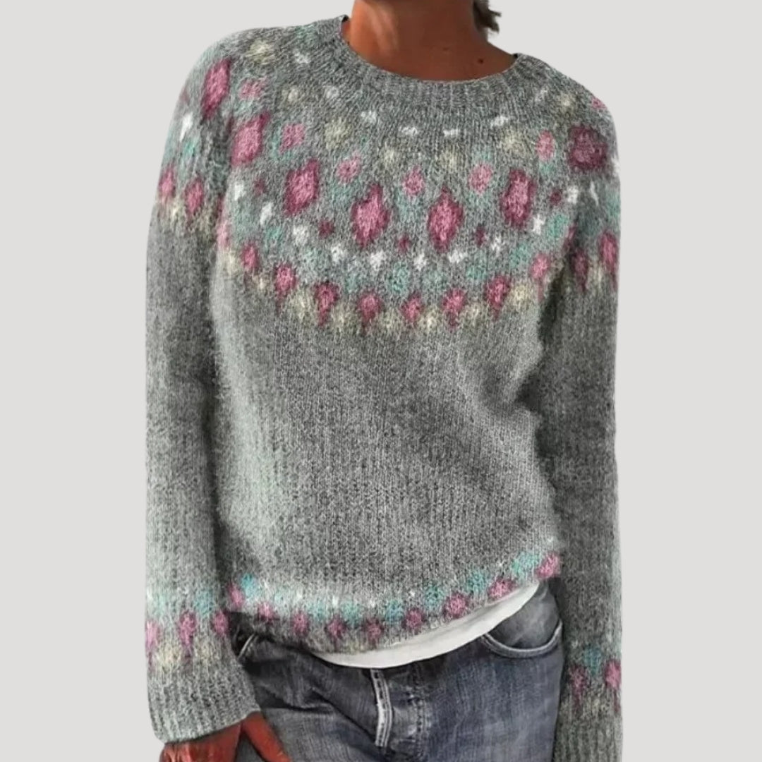 Women's Patterned Crew Neck Jumper with Colourful Yoke