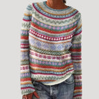 Women's Patterned Crew Neck Jumper with Colourful Yoke
