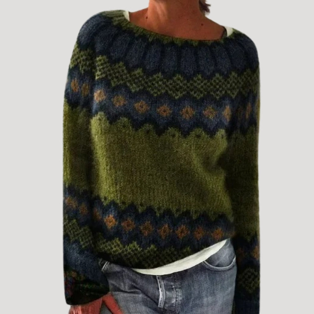 Women's Patterned Crew Neck Jumper with Colourful Yoke