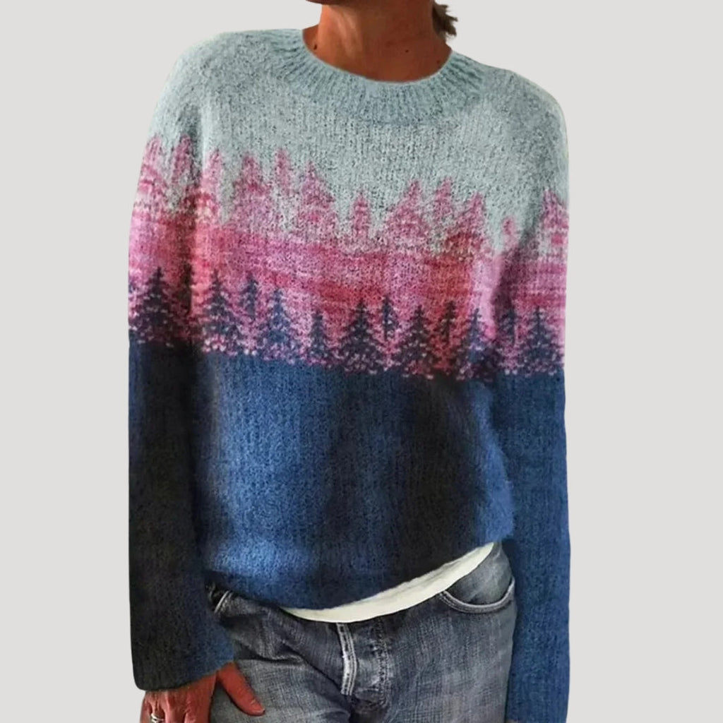 Women's Patterned Crew Neck Jumper with Colourful Yoke