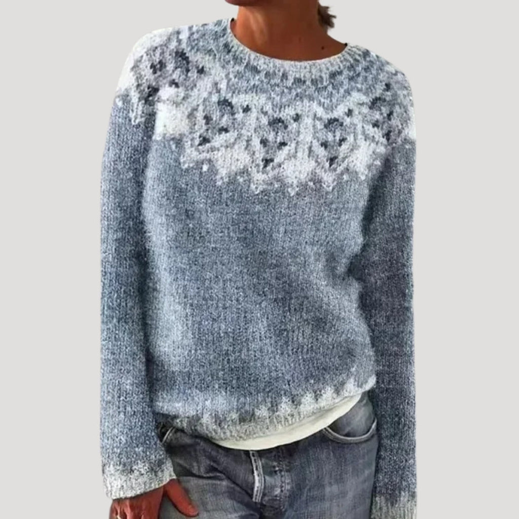 Women's Patterned Crew Neck Jumper with Colourful Yoke