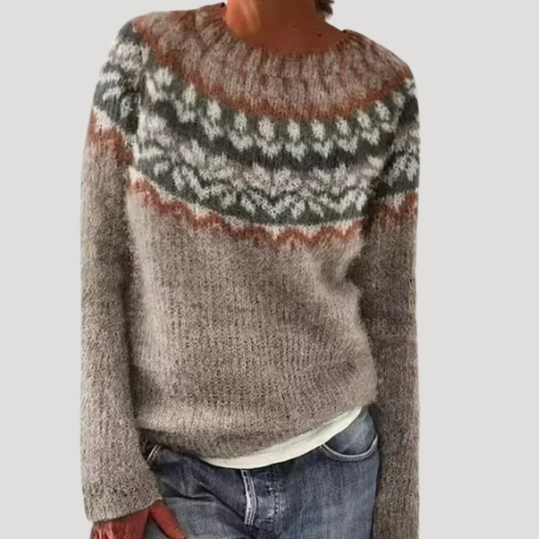 Women's Patterned Crew Neck Jumper with Colourful Yoke