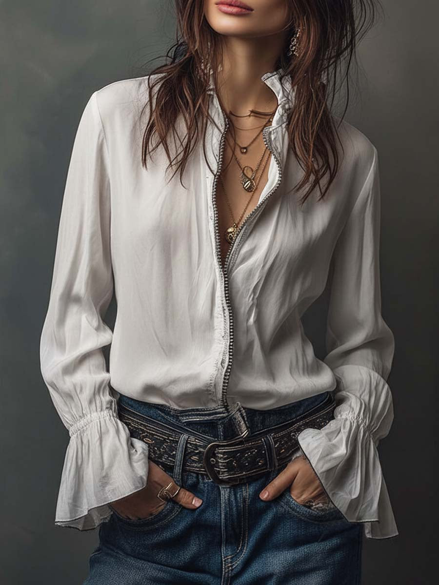Women's White Zip-Front Blouse with Bell Cuffs