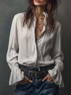 Women's White Zip-Front Blouse with Bell Cuffs