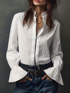 Women's White Zip-Front Blouse with Bell Cuffs