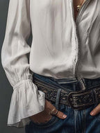 Women's White Zip-Front Blouse with Bell Cuffs