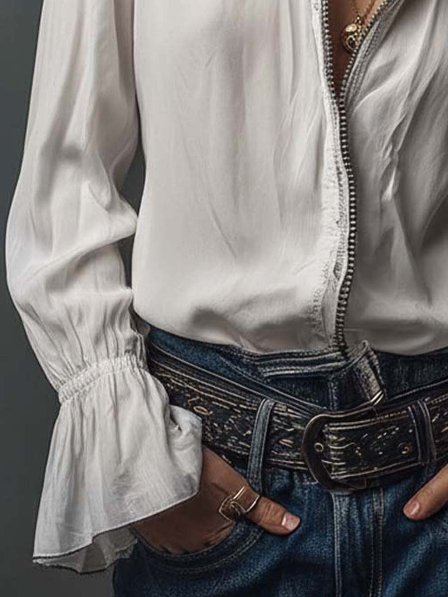 Women's White Zip-Front Blouse with Bell Cuffs