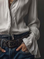 Women's White Zip-Front Blouse with Bell Cuffs