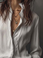 Women's White Zip-Front Blouse with Bell Cuffs