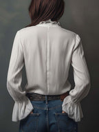 Women's White Zip-Front Blouse with Bell Cuffs
