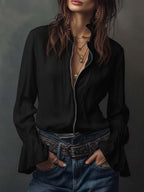 Women's White Zip-Front Blouse with Bell Cuffs