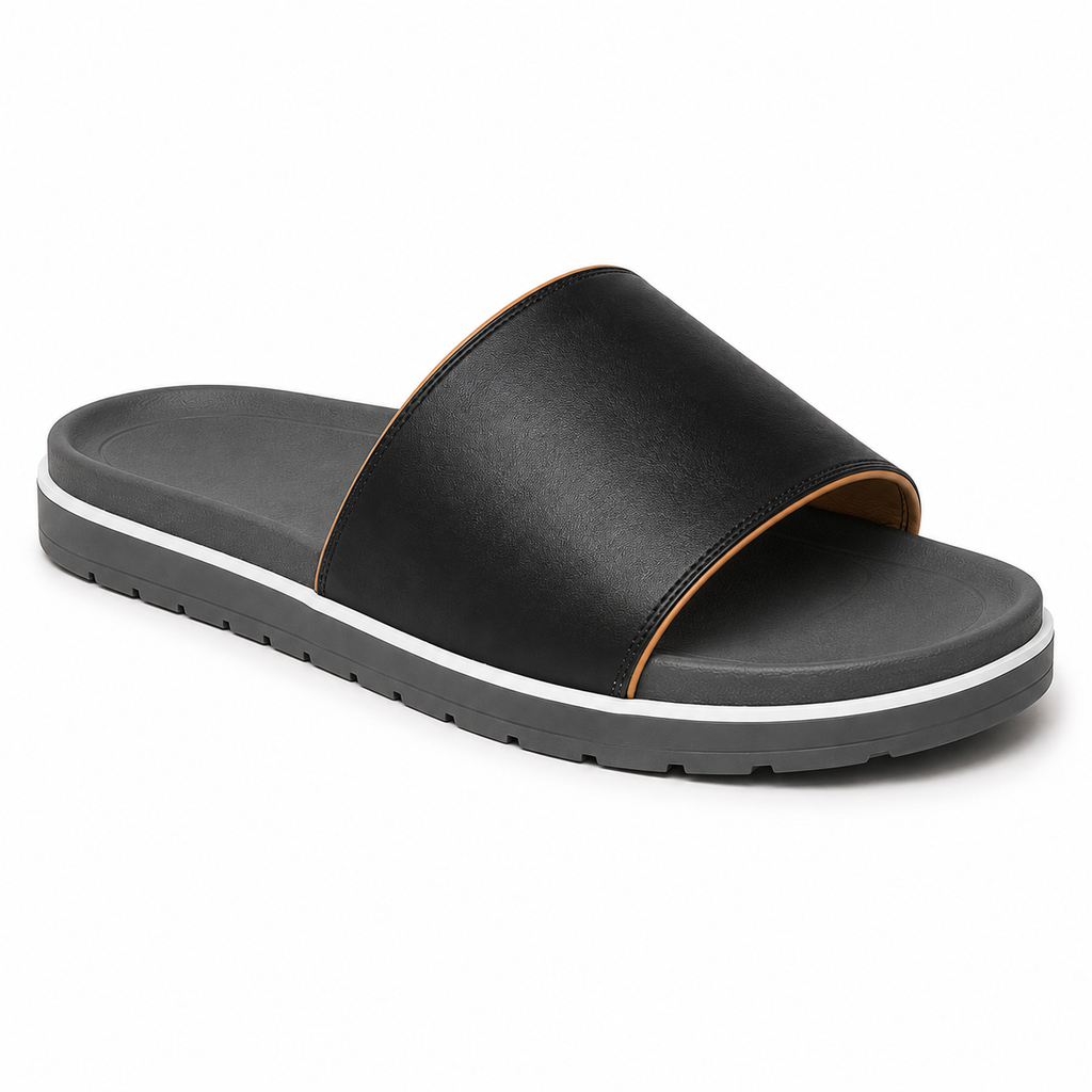 Inner side view of men's matte black single-band vegan leather slide sandal showing the white midsole stripe running along the perimeter
