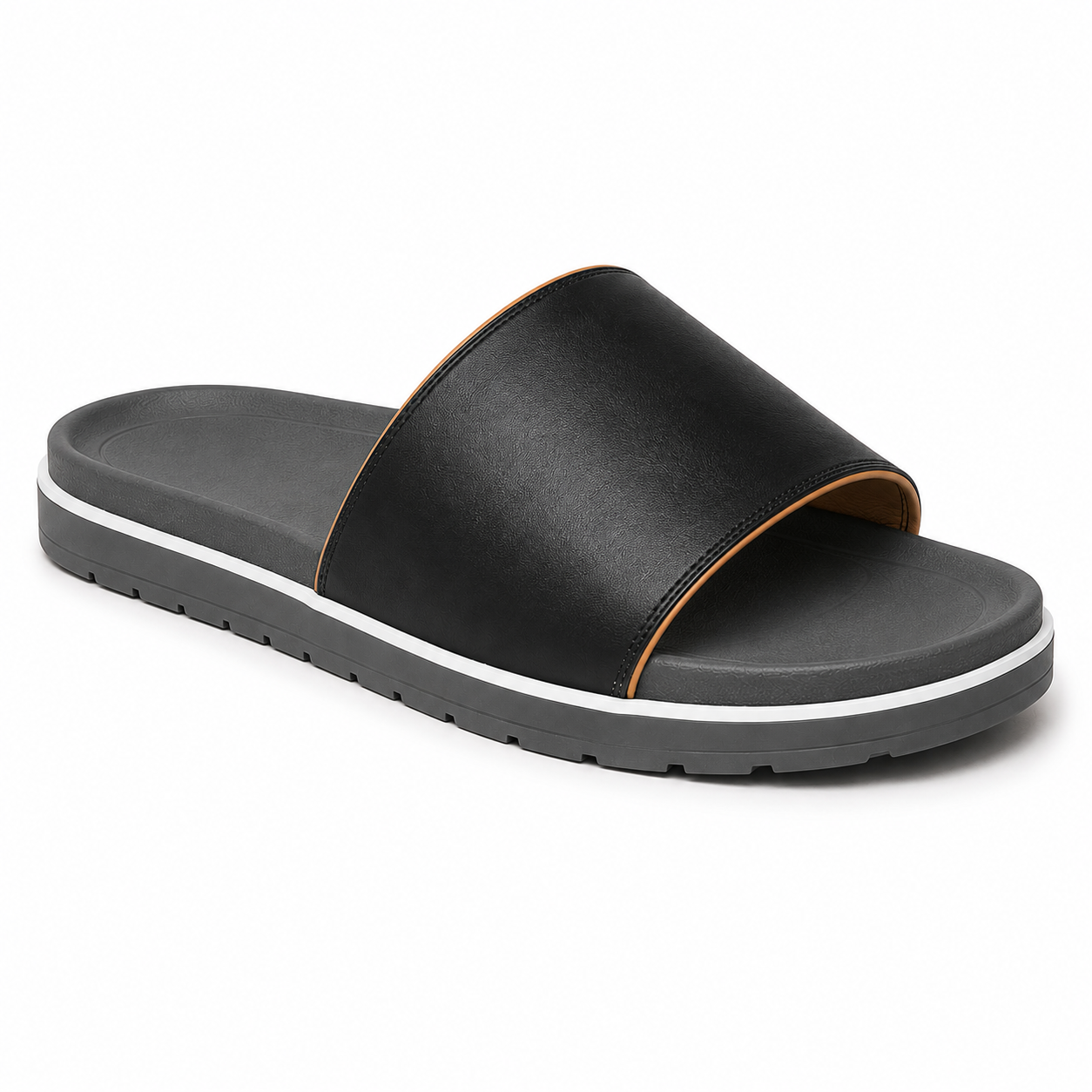 Inner side view of men's matte black single-band vegan leather slide sandal showing the white midsole stripe running along the perimeter