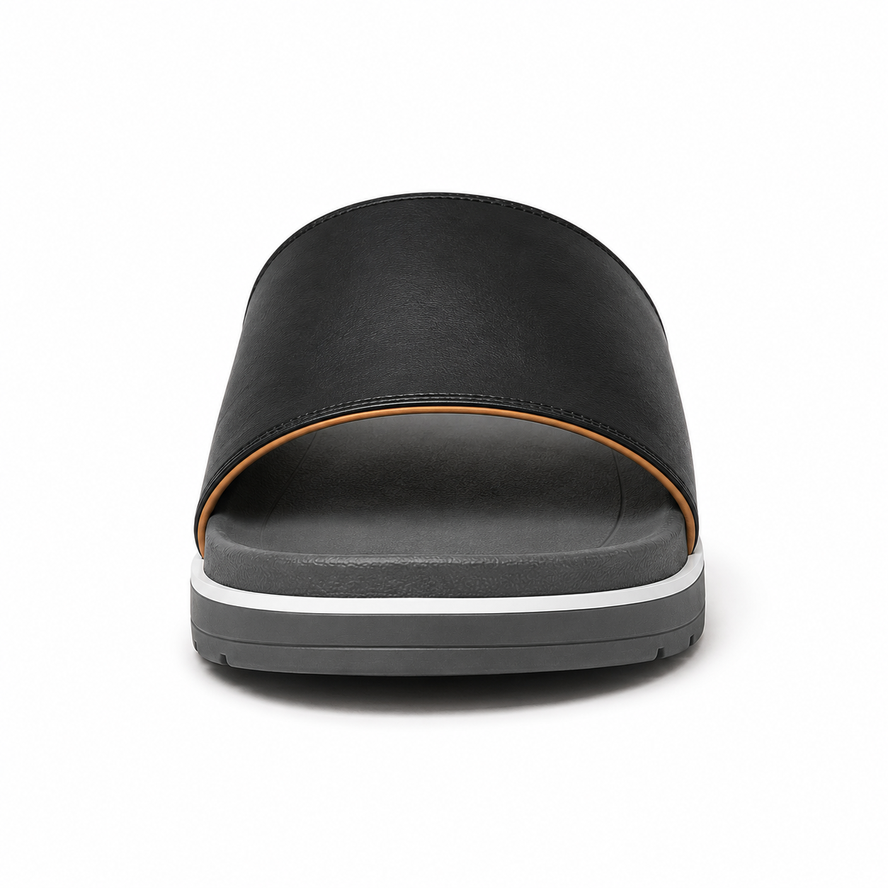 Side profile of men's matte black single-band vegan leather slide sandal showing chunky grey outsole with white midsole stripe and horizontal tread