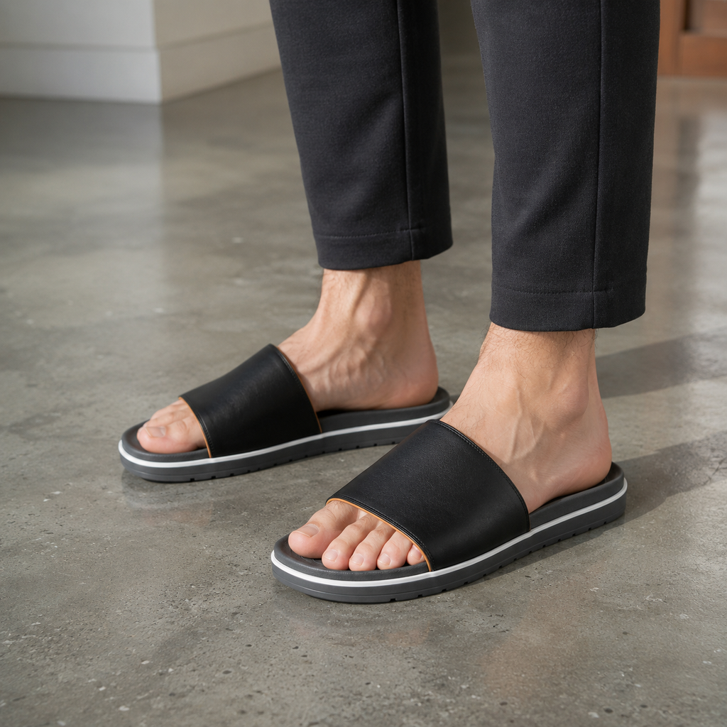 Men's Single-Band Vegan Leather Slide Sandals — Black
