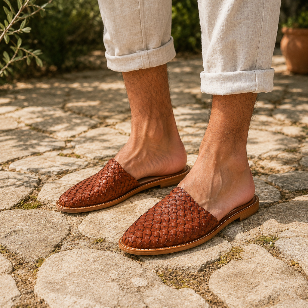Man wearing cognac woven vegan leather mules with cuffed cream linen trousers on a sun-warmed Mediterranean stone garden path