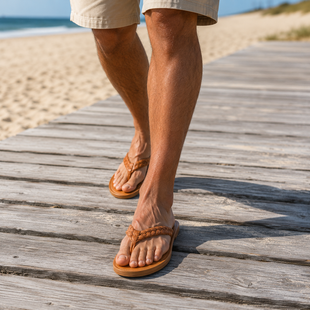 Man walking in tan braided vegan leather thong sandals with beige cotton shorts on a sun-bleached wooden beach boardwalk