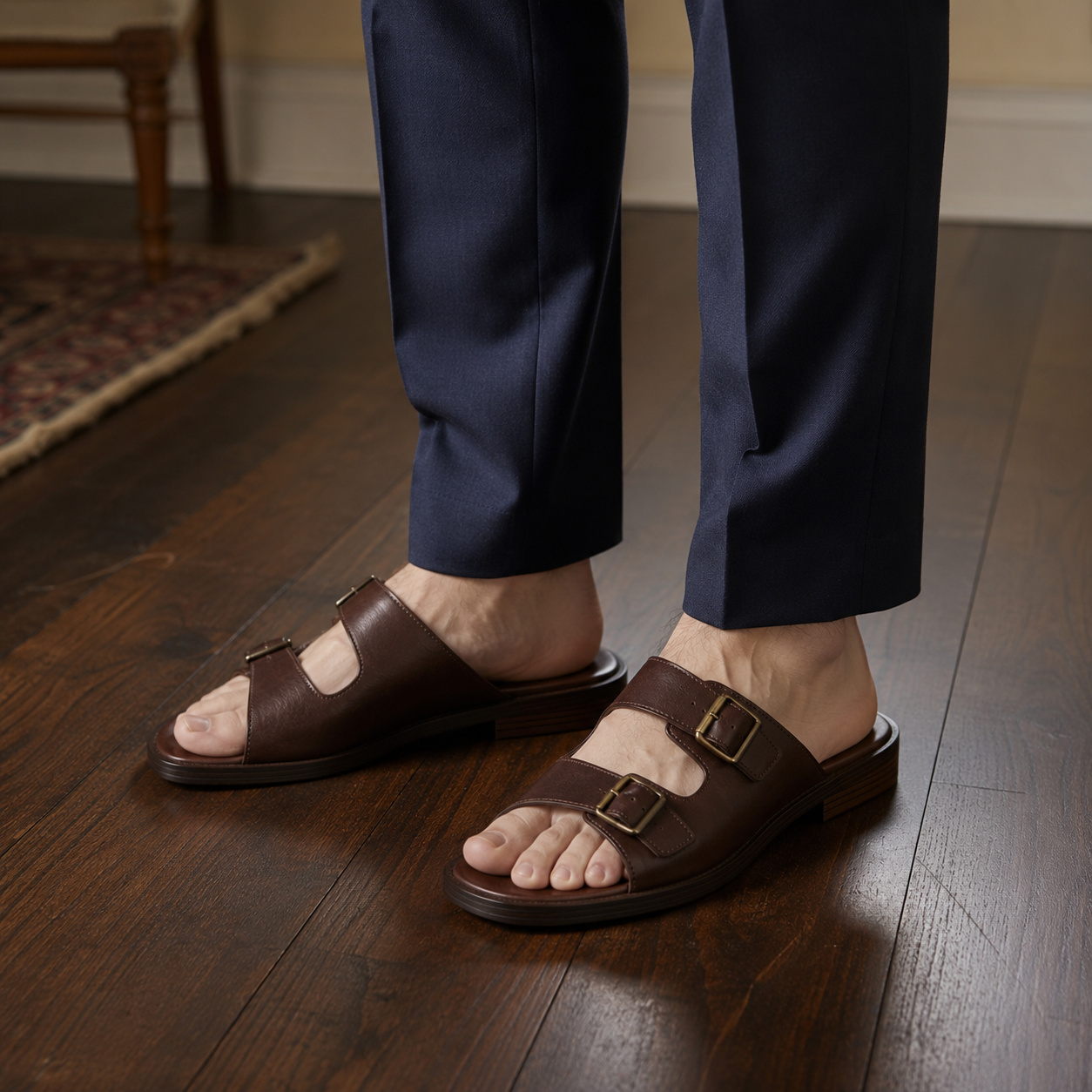 Man wearing dark walnut double-buckle vegan leather sandals with navy dress trousers on a dark hardwood interior floor