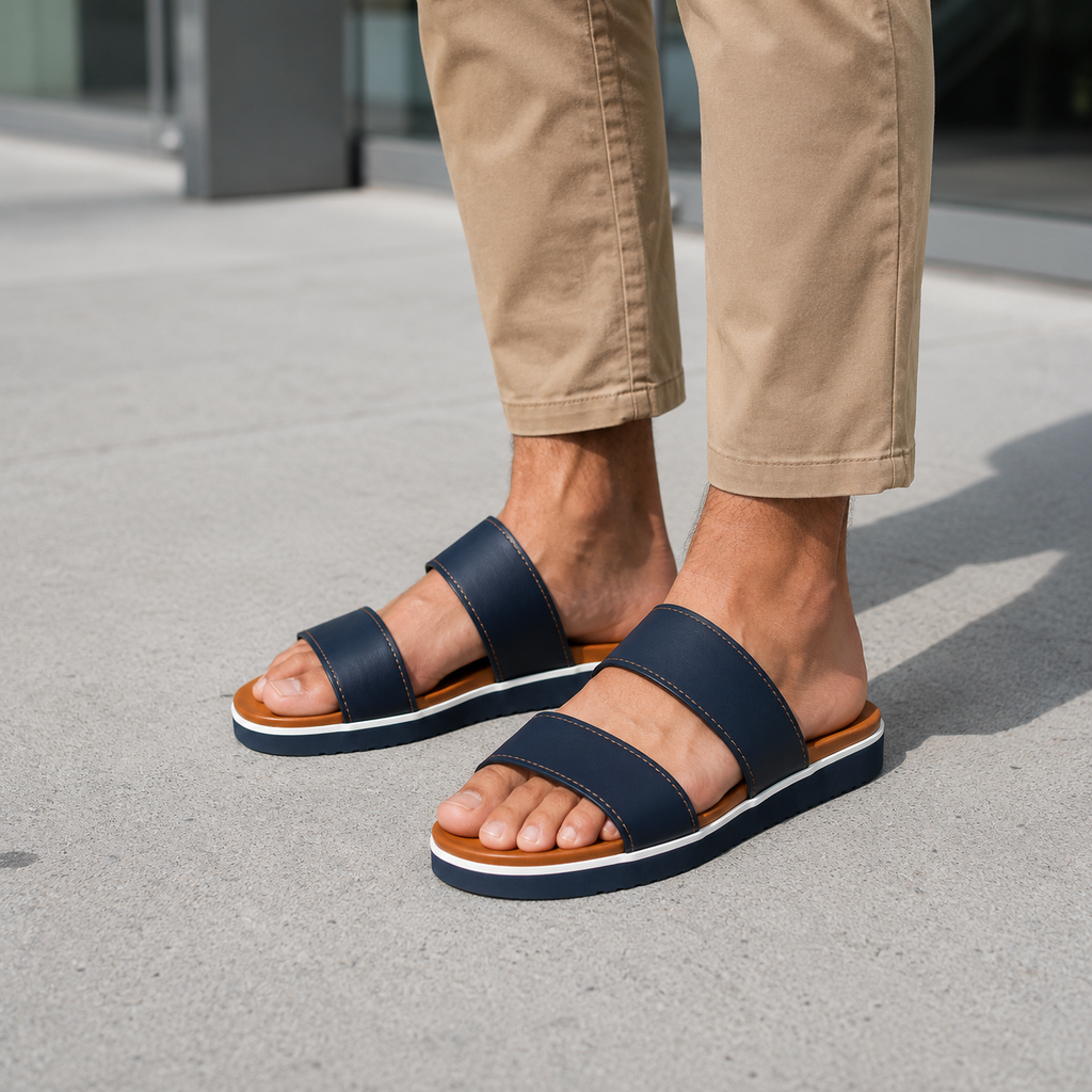 Man wearing navy and tan two-tone vegan leather slide sandals with khaki chinos on a modern grey concrete urban plaza