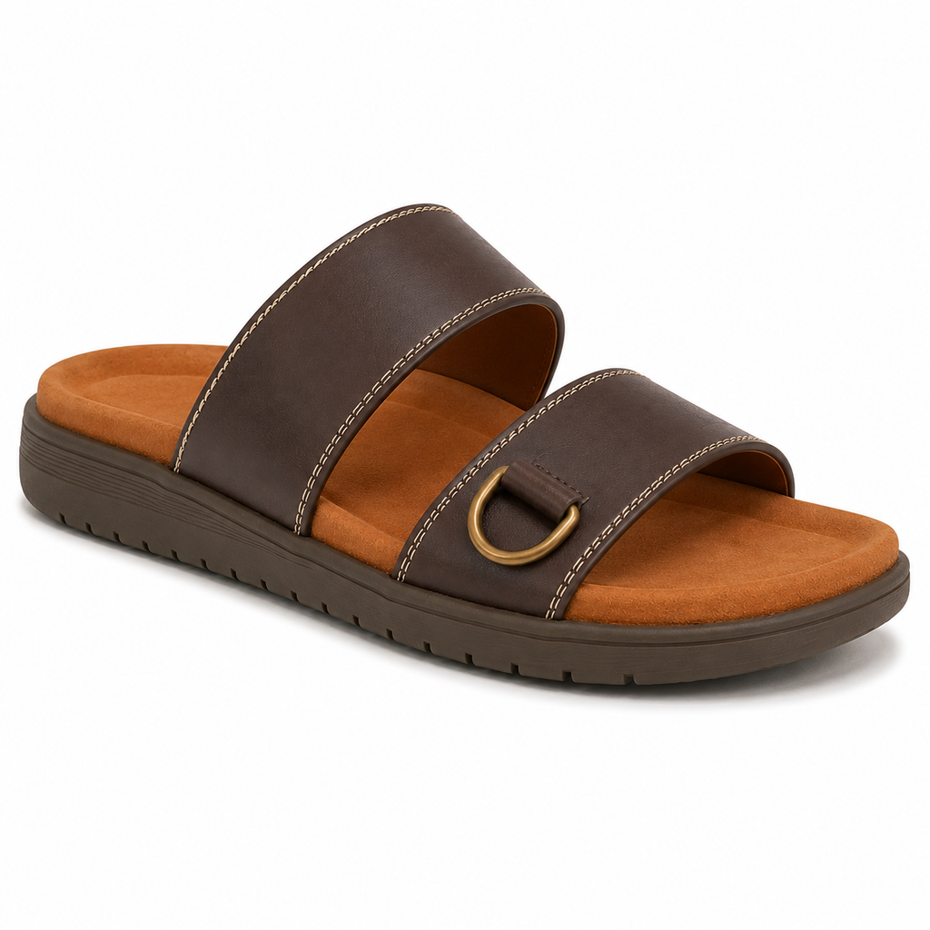 Inner side view of espresso brown men's leather slide sandal showing clean strap construction