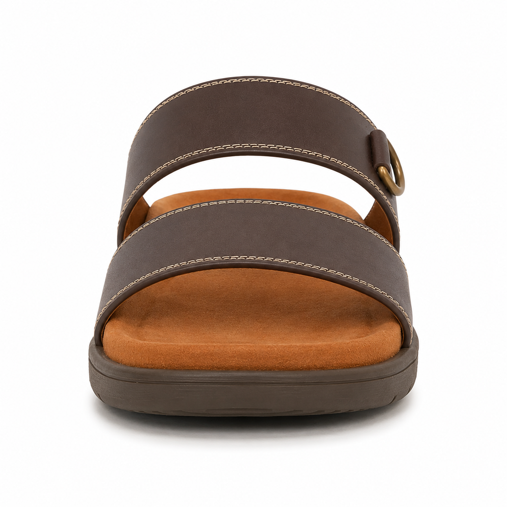 Front view of men's two-strap espresso slide sandal showing tan cushioned footbed