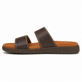 Men's two-strap vegan leather slide sandal in espresso brown with antique brass D-ring detail, three-quarter view