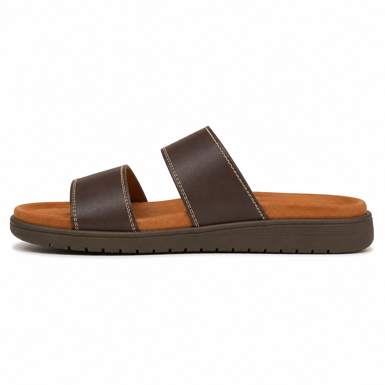 Men's two-strap vegan leather slide sandal in espresso brown with antique brass D-ring detail, three-quarter view