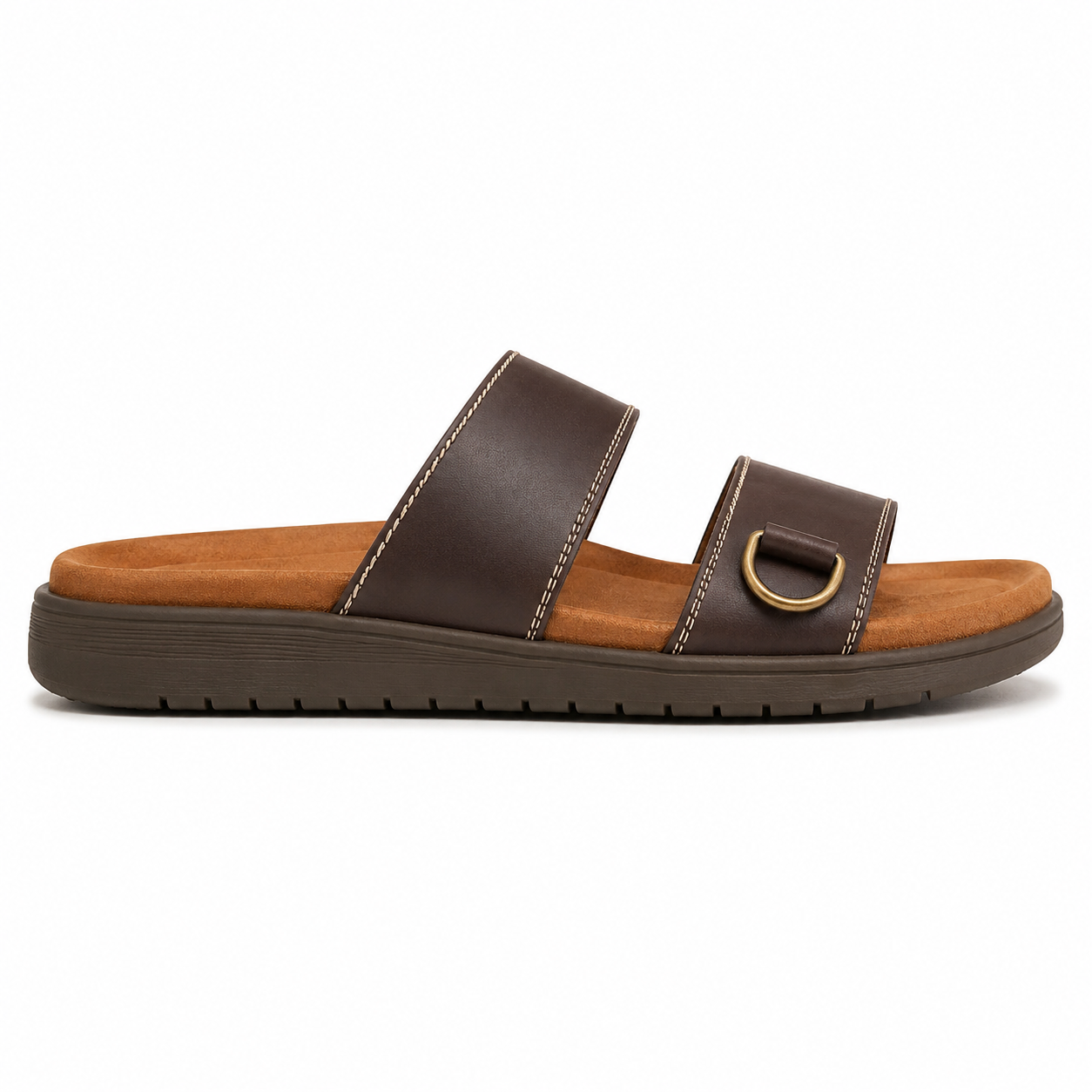 Espresso brown two-strap men's slide sandal, side profile showing ivory contrast stitching and chunky rubber sole