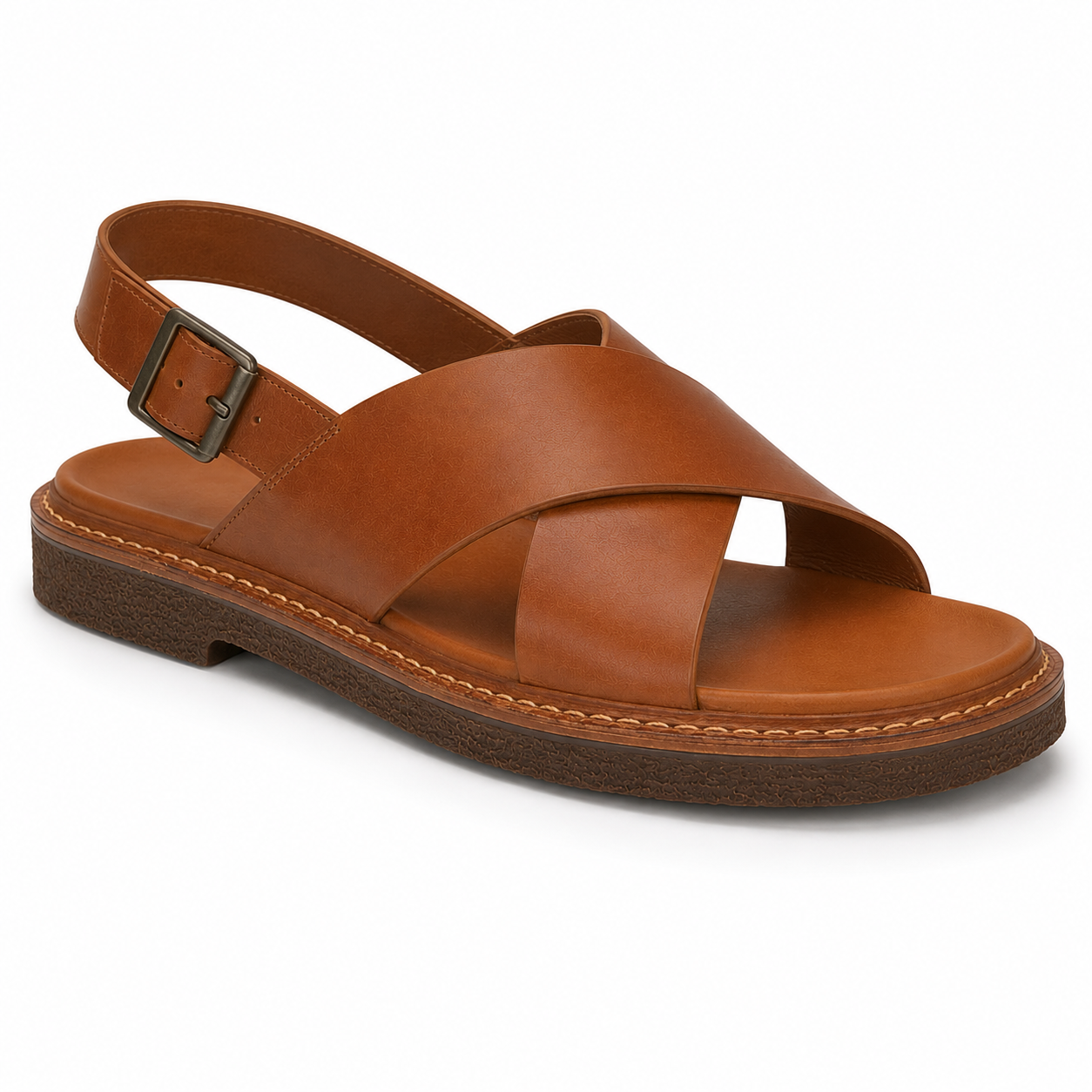 Inner side view of men's caramel cross-strap vegan leather sandal showing closed-back silhouette and stitched leather welt