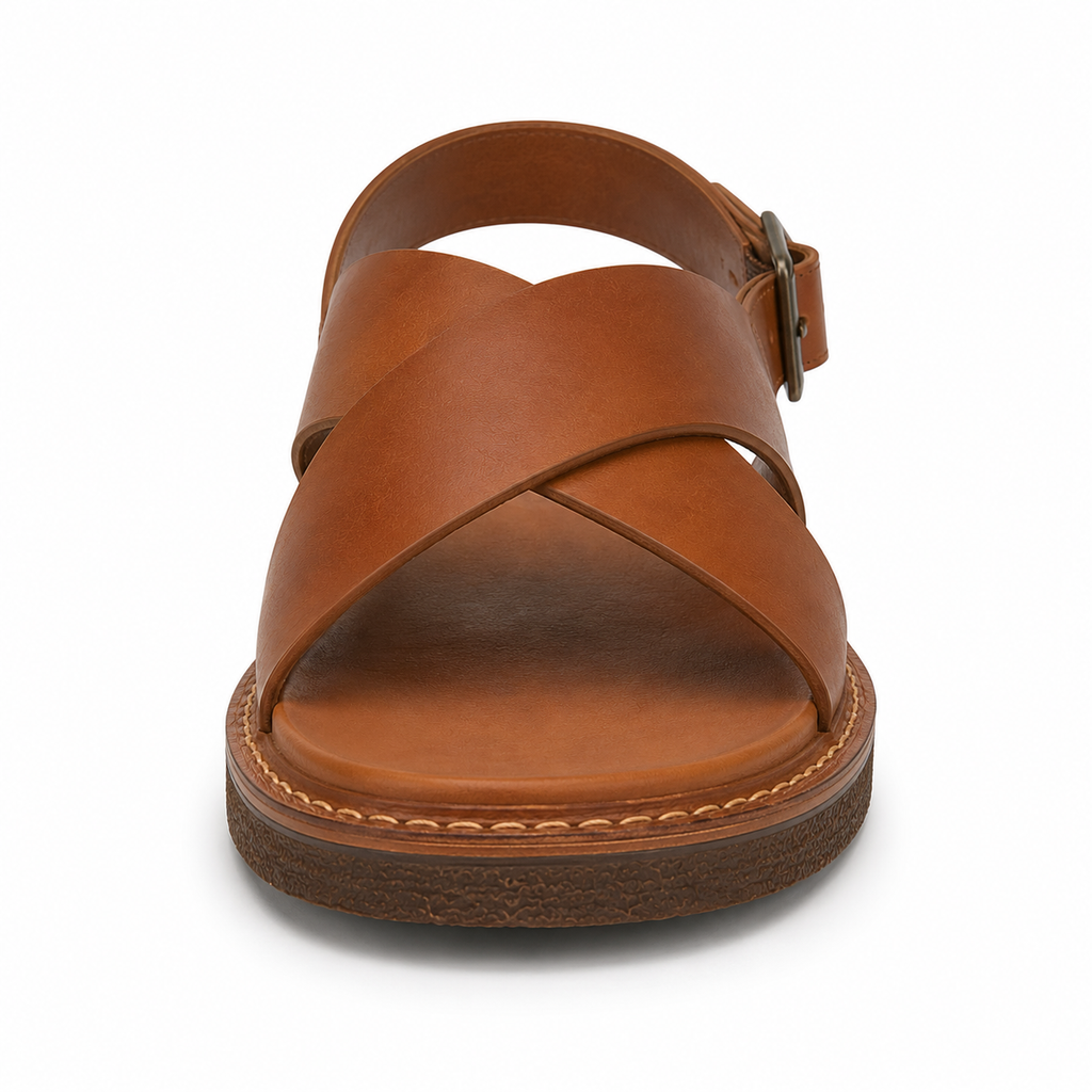 Top-down view of men's caramel cross-strap vegan leather sandal showing X-cross straps, ankle buckle, and cushioned tonal footbed
