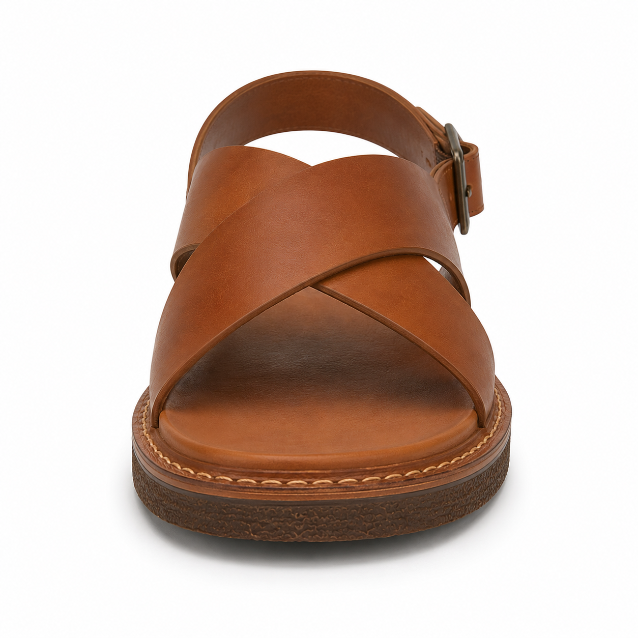 Top-down view of men's caramel cross-strap vegan leather sandal showing X-cross straps, ankle buckle, and cushioned tonal footbed