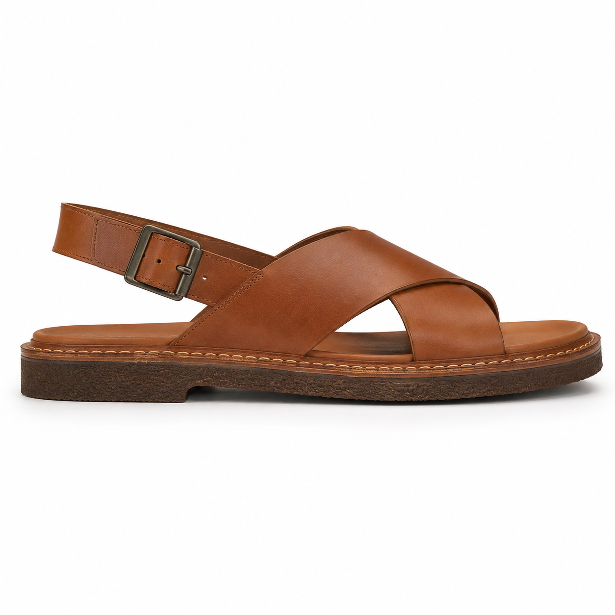 Front view of men's caramel cross-strap vegan leather sandal showing X-shaped forefoot strap configuration