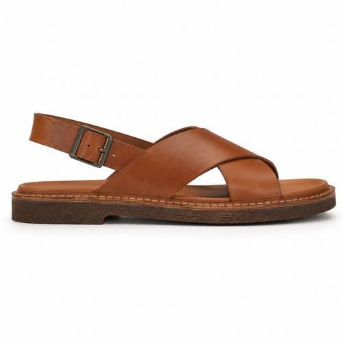 Front view of men's caramel cross-strap vegan leather sandal showing X-shaped forefoot strap configuration