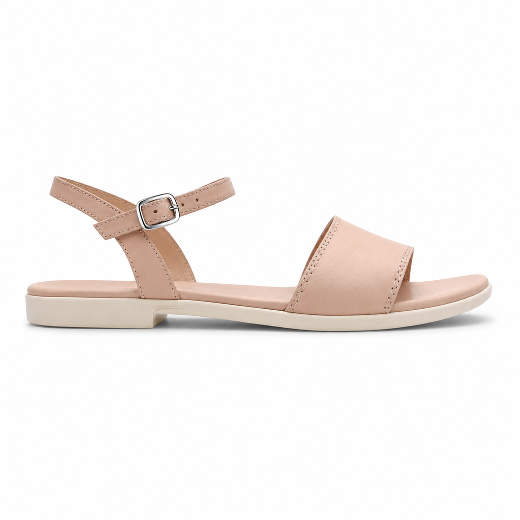 Front view of women's nude blush single-buckle vegan leather sandal showing wide forefoot strap and slim ankle strap