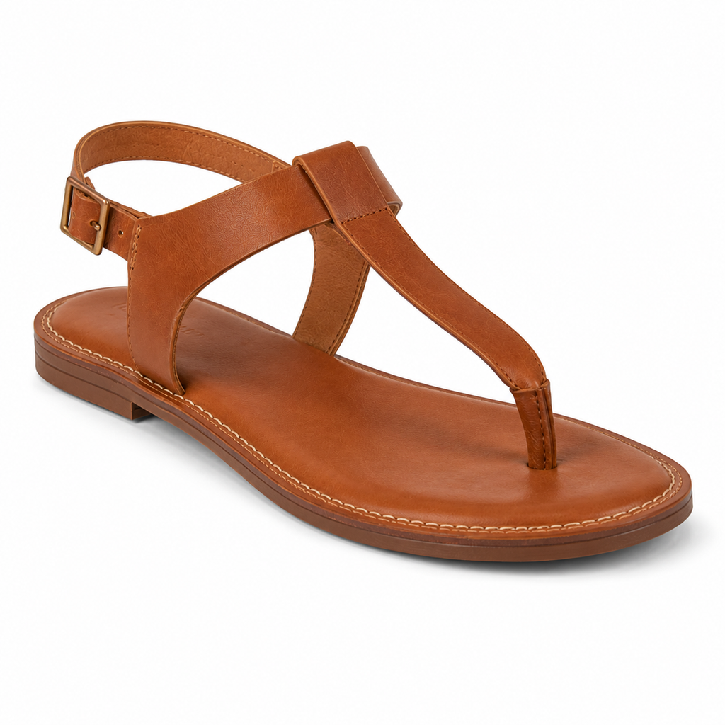 Side profile of women's cognac T-strap vegan leather sandal showing the antique brass ankle buckle and slim welted sole