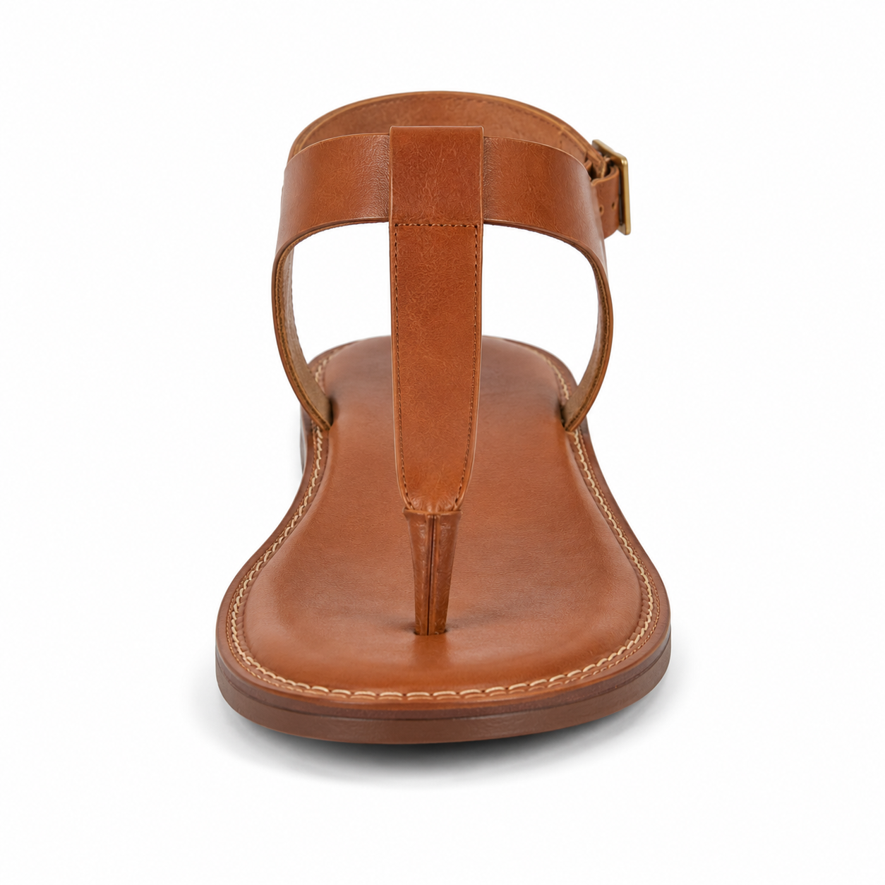 Inner side view of women's cognac T-strap vegan leather sandal showing the T-bar silhouette and stitched leather welt