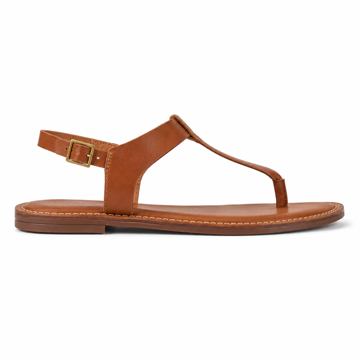 Back view of women's cognac T-strap vegan leather sandal showing the T-bar configuration and tonal cushioned footbed