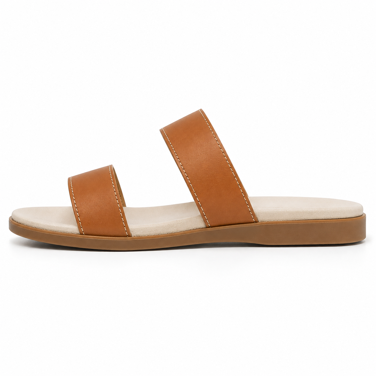 Women's two-strap vegan leather slide sandal in warm tan with ivory contrast stitching and small antique brass D-ring detail, three-quarter view