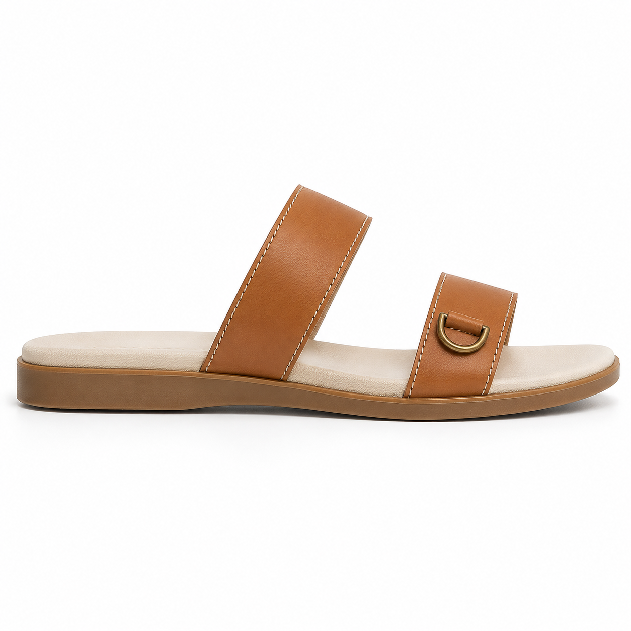 Front view of women's tan two-strap vegan leather slide sandal showing both straps and cream cushioned footbed