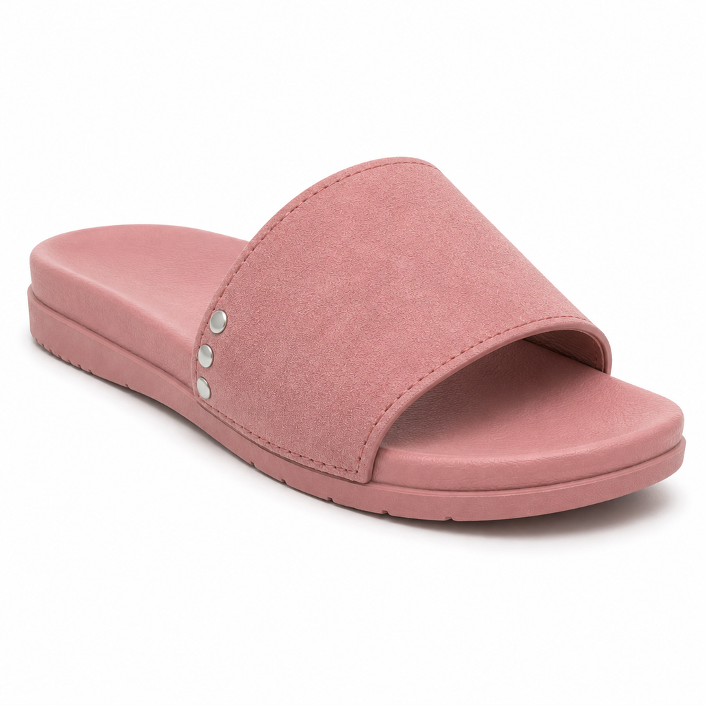 Inner side view of women's dusty rose vegan suede slide sandal showing three brushed silver rivets along the strap edge