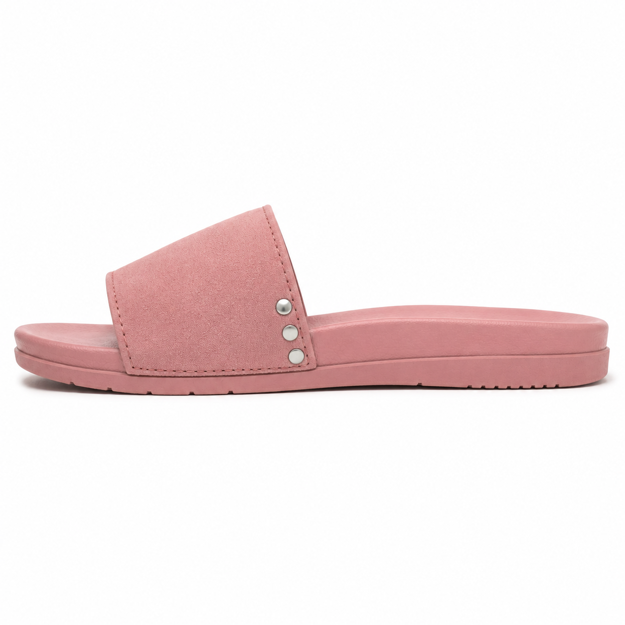 Women's vegan suede single-band slide sandal in dusty rose with brushed silver rivet detail and tonal cushioned sole, three-quarter view