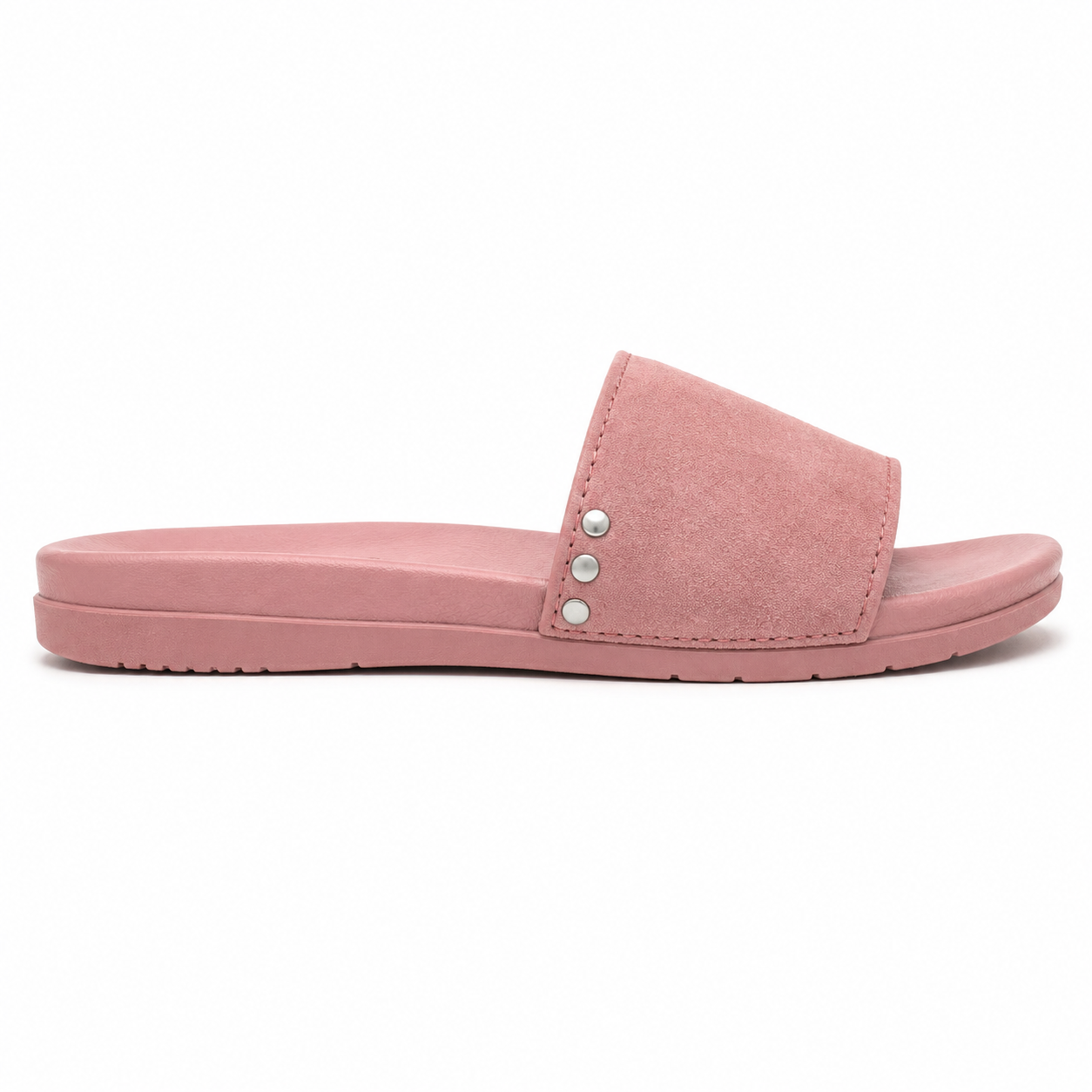 Front view of women's dusty rose vegan suede slide sandal showing the wide instep band with silver rivets on both sides