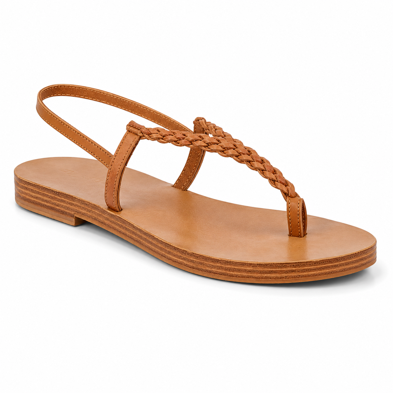 Inner side view of women's tan slingback thong vegan leather sandal showing slim strap construction and stacked leather sole