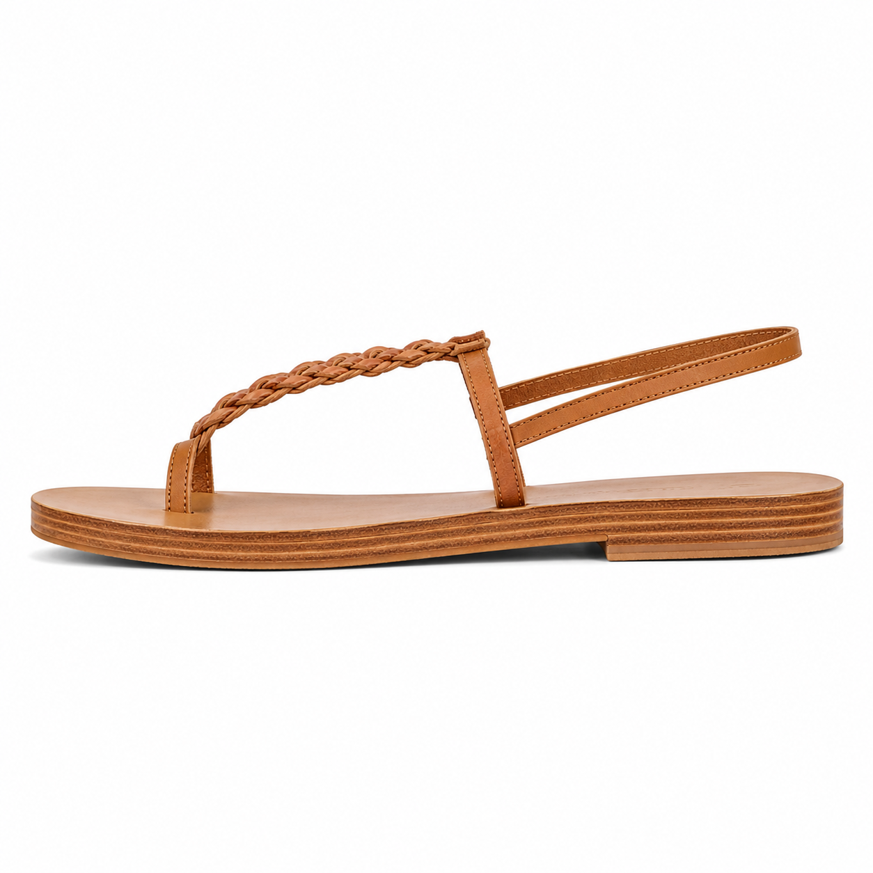 Women's slingback thong vegan leather sandal in tan with delicate hand-braided Y-strap detail and stacked leather sole, three-quarter view