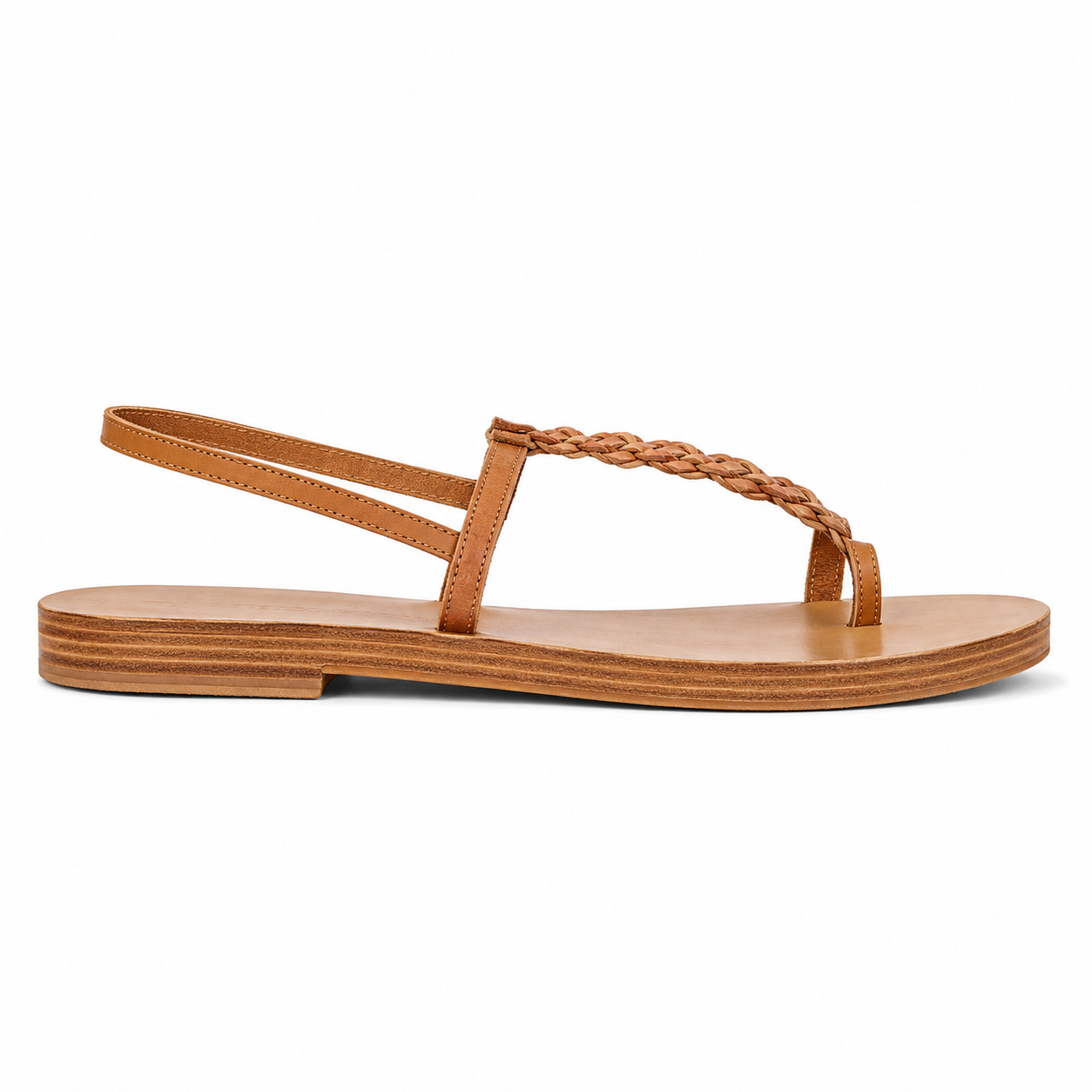 Back view of women's tan slingback thong vegan leather sandal showing the braided Y-strap detail and heel strap construction