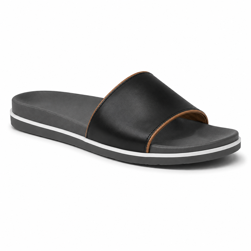 Inner side view of women's matte black single-band vegan leather slide sandal showing the white midsole stripe running along the perimeter