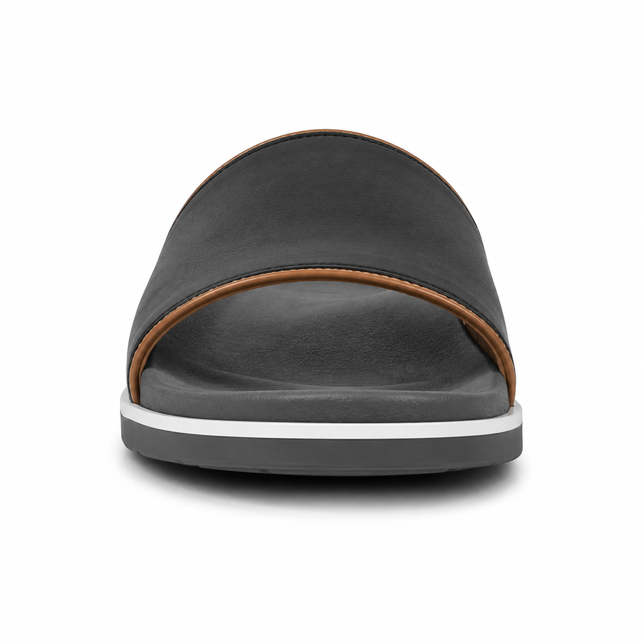 Side profile of women's matte black single-band vegan leather slide sandal showing the grey rubber outsole with white midsole stripe