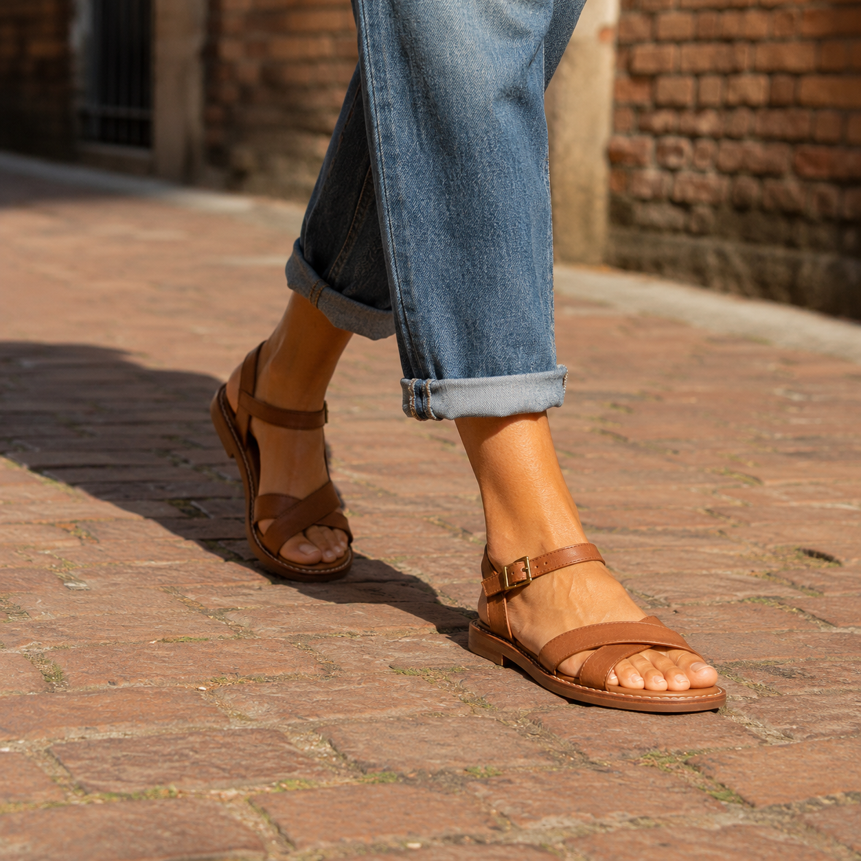 Woman walking in caramel cross-strap vegan leather sandals with cuffed indigo jeans on a sun-warmed cobblestone European street
