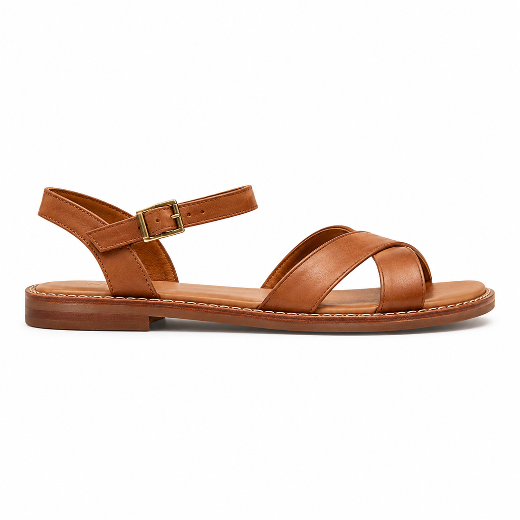 Front view of women's caramel cross-strap vegan leather sandal showing X-shaped forefoot straps